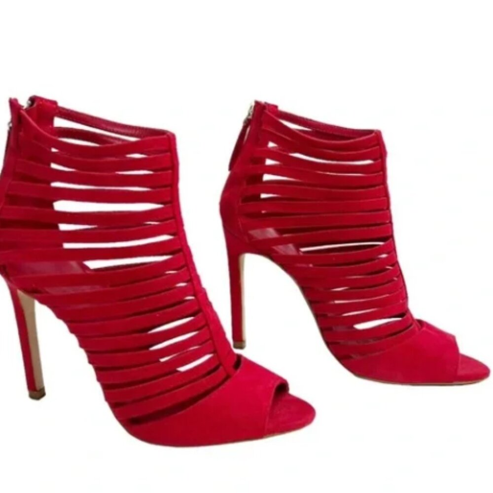 Zara Cherry Red Faux Suede Strappy Caged Open Toe 4” Stiletto Heels Size 40